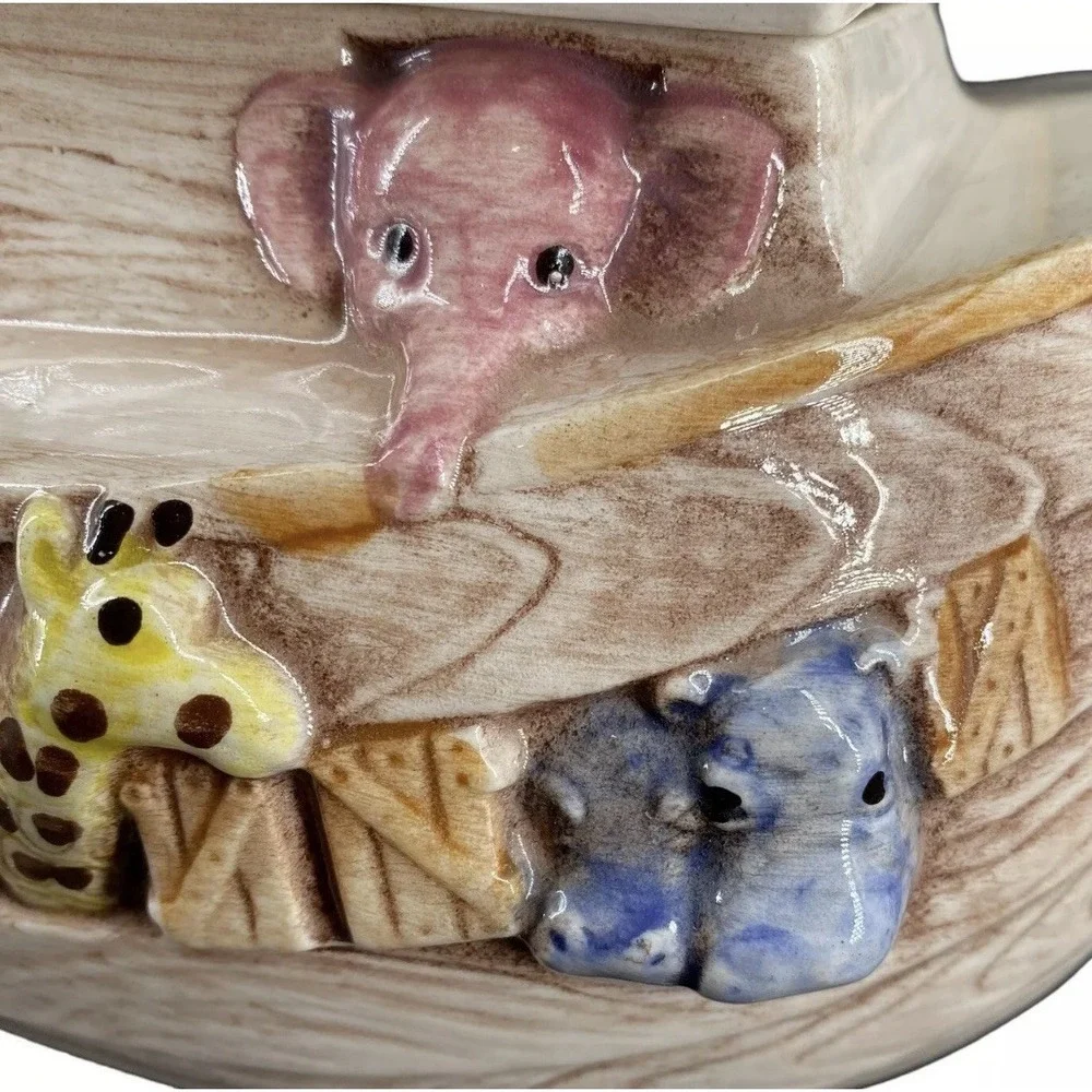 Vtg 70s Treasure Craft Noahs Ark Ceramic Cookie Jar Colorful Animals Boat USA